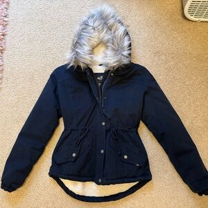 Hollister Navy Hooded Jacket with Faux Fur Trim